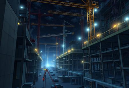 A screenshot of an anime, a construction site at night, with complex and intricate movements. Walking alone there is quite terrifying.
