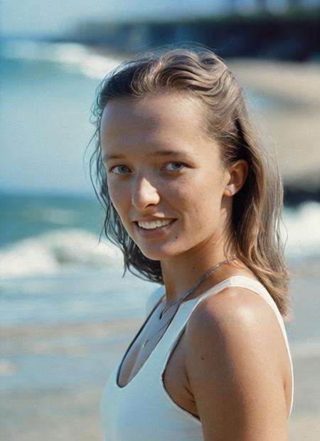 analog style, modelshoot style, photo of beautiful sks woman, hyper realistic photograph, detailed face,film grain, Kodak portra 800, f1.8, intricate, at the beach, <lora:locon_iga_v1_from_v2_64_32:1.4>