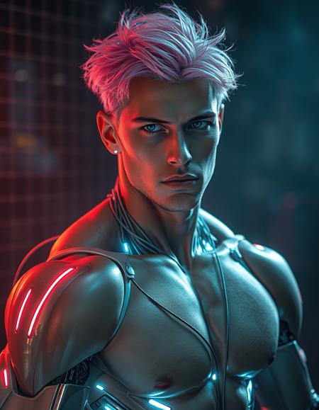 Cinematic portrait of a handsome and muscular cyborg with tousled pink hair. Glowing neon electronics surround his body. Sultry, muscular physique. Dramatic lighting.