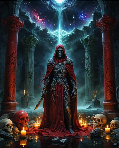 lich standing before a marble crypt, water, reflections, blood, realistic photo, hard science fiction, technology,  deepest black space, stars, colorful nebula, glowing runes, white skulls, candles, torches, jewels, brilliant color, scarlet, indigo, crimson, yellow, green,  <lora:add-detail-xl:0.75>,  <lora:xl_more_art-full_v1:0.5>   , ziprealism,   <lora:sdxl_lora_beksinski:0.7> b3ks1n