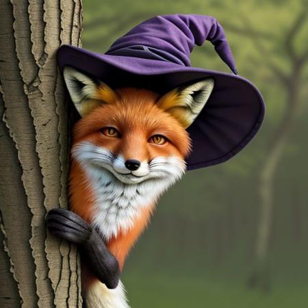 1 warfox, (fox:1.4),witch hat, tree, peeking out upper body