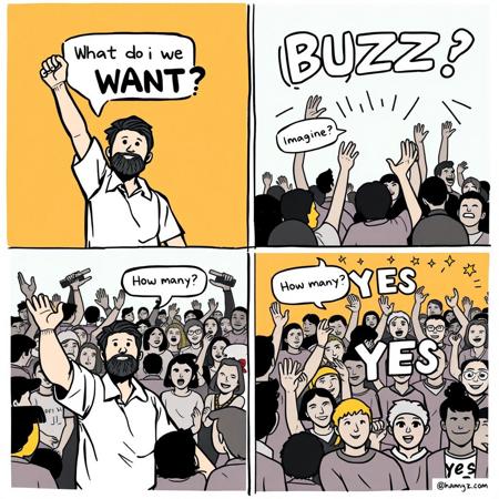 imagine a four tile comic strip, the top left tile has a man raising his arm asking in a text bubble "What do we WANT?", the top right tile has a crowd chanting "BUZZ", the bottom left tile has a man raising his harm ask in a text bubble "How many?", the bottom right tile has a crowd chanting "YES"