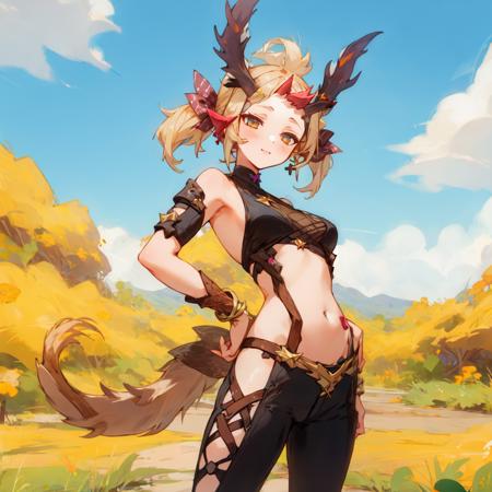 (1girl:1.5), solo, heyra_face, heyra_body, heyra_hairstyle, heyra_horns on forehead, heyra_tail, outdoors, pose, <lora:heyrav3-000001:1>