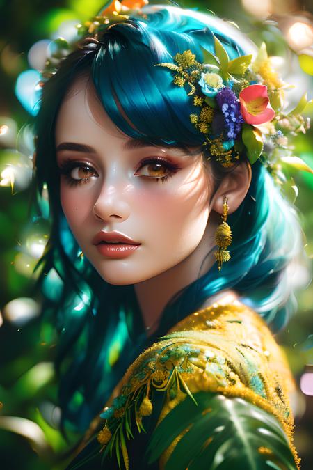 fashion photography portrait of girl with blue hair, in lush jungle with flowers, 3d render, cgi, symetrical, octane render, 35mm, bokeh, 9:16, (intricate details:1.12), hdr, (intricate details, hyperdetailed:1.15), (natural skin texture, hyperrealism, soft light, sharp:1.2), detailed, sunlight passing through foliage,
DeepJourney, deepjourney,
 <lora:DeepJourney2:1>