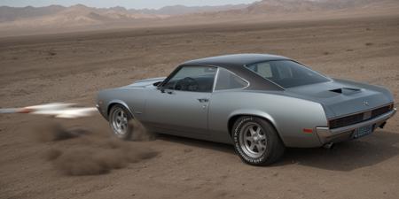 Create an ultra-detailed and realistic image of a custom car, created with parts from many muscle cars, with aerodynamic lines from 1972, but armored with bulletproof plates, with two heavy artillery machine guns on the roof. The car is metal color, with black tinted windows. It is captured in motion with motion blur at full speed through a desert, daylight. The photograph is captured with an Arri Alexa camera, with a zoom lens.