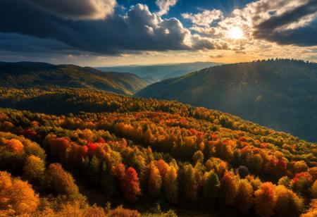 ultra HD, high quality, 4K, photo, extremely detailed, 8k, high quality, Source_photo, real photo, sharp, highly detailed and hyper realistic,masterpiece, masterpiece, best quality, vivid colors, high quality, RAW photo, France, dream nature, primeval wild, picturesque forest, bright clouds, beautiful sky, sun, epic landscape, autumn, autumn colors, colorful scenery,