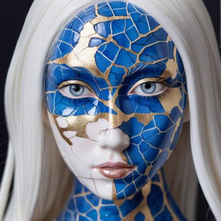portrait of a android doll with porcelain kintsugi skin, blue cracked skin, shattered porcelain skin, deep fine cracks, kintsugi, soft focus, half body editorial shot, depth of field, uncanny, long white hair, stunning perfect shining eyes, pale skin, shy smile, blue flowing energy, intricitaly hyperdetailed, amazing depth, expansive details, cracked surface, iridescent surface, complex masterwork by head of prompt engineering  <lora:real-humans-PublicPrompts:0.95>