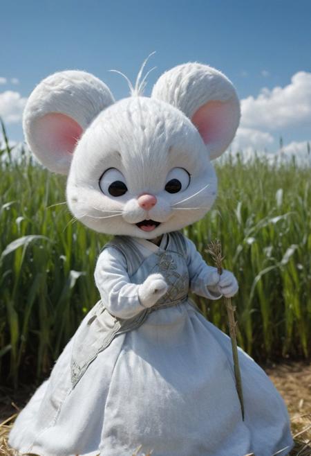 Closeup portrait. face closeup, 3d depth of field Simulation, closeup portrait of an fluffy high detailed white/grey furry busty slender diddl mouse fighter, high collar linen hanfu, translucent force auro, meditation stance, matrix feudal dojo trainings simulation in cornfield under Blue sky, realistic, depth of lenticular, dramatic, bold lines async, deep blacks, illuminated from behind, holy Aura, Long dense grown river