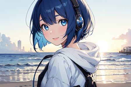 (masterpiece,finely detailed beautiful eyes: 1.2),(no lineart:1.2),1girl,backlighting,looking back,blue hair,bob cut,white hoodie,headphone,sky,sunset,beach,