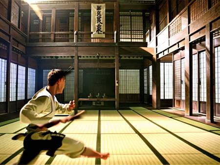 masterpiece, best quality, ultra-detailed, illustration,
DOJO, sliding doors, architecture, tatami, shouji , multiple boys, east asian architecture, indoors, tatami, male focus, brown hair, shouji, scenery, shorts, sunlight, running, dougi, realistic, 
 <lora:DOJO:1>