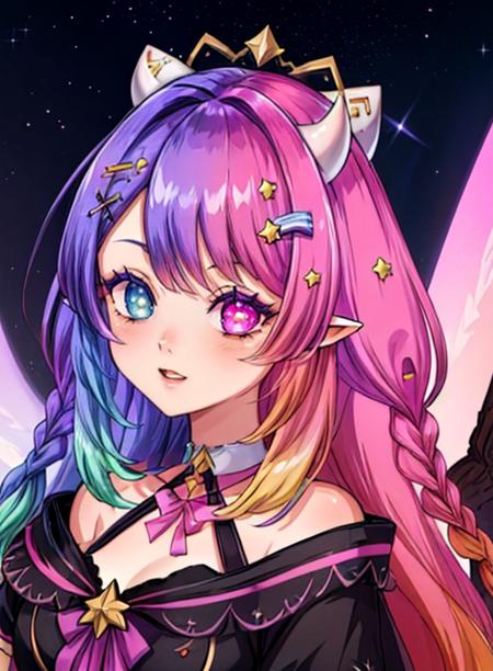 best quality, (masterpiece),(ultra-detailed), (high quality), (high resolution),<lora:add_detail:0.7> ,  <lora:Emberlith2:0.7>,emberlith, long hair, hair ornament, purple hair, multicolored hair, star (symbol), purple eyes, gradient hair, horns, heterochromia, pointy ears, braid, pink hair,blue hair,