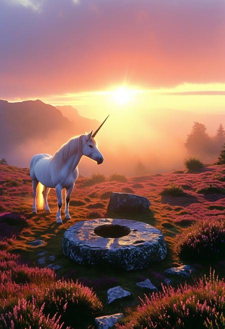 A healing ritual in the Heather-Covered Highlands at dawn, a circle of druids around an ancient stone, healing a wounded unicorn, rays of the rising sun piercing through the morning mist.
, in the style of an old 80's VHS dark fantasy, VHS screen grab, grainy, old footage