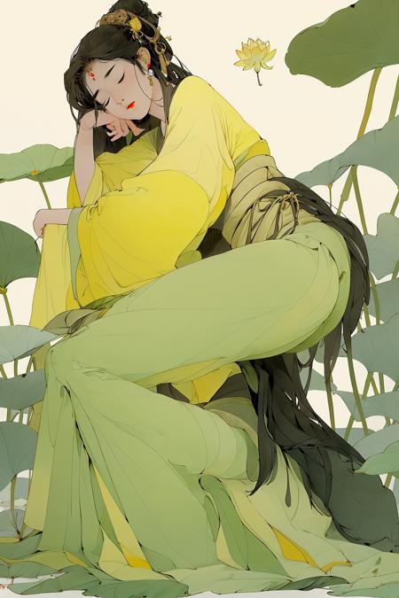 a girl ,full body ,green | yellow  dress ,Sleeping sideways on a large lotus leaf,Waterfowl,sunlight,   <lora:guofengmeizia:0.85>