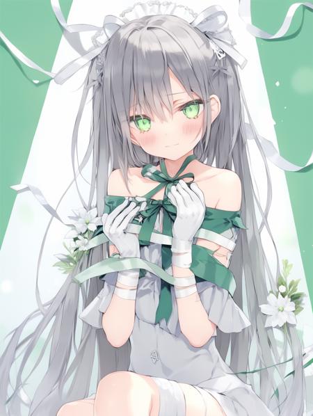 <lora:ruru.XL:1> 1girl, solo, bandaid, long hair, gift, gloves, ribbon, looking at viewer, bound, blush, bandaid on face, upper body, white gloves, green eyes, bandages, flower, closed mouth, bare shoulders, box, bound wrists, two side up, bangs, dress, gift box, white flower, blue ribbon, bandaid on arm, pom pom (clothes), very long hair, grey hair, off shoulder, hands up