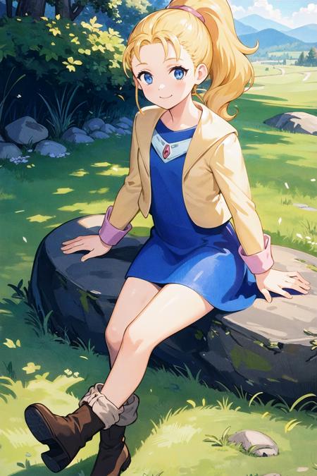 masterpiece,best quality,illustration,beautiful detailed girl, highres,1girl,<lora:GoodHands-beta2:1:lbw=MIDD>,<lora:krile ff5:1>,krile ff5,blue eyes,jacket,blue dress,boots,full body,smile,sitting, grass, blue sky,mountain, rock formations,looking at viewer