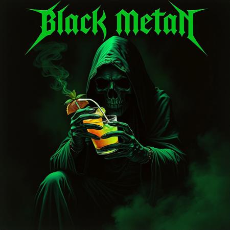 Typical black metal logo in top, overlapping under it the Grim Reaper drinking a tropical cocktail drink surrounded by subtle dust and decay. The scene is lit with a deep green duotone color scheme, casting moody, heavy shadows. The texture is gritty and raw, evoking a dark and psychedelic stoner doom metal atmosphere. The background is dark and minimal, emphasizing the grim reaper, with faint hints of smoke or mist swirling in the air. The lighting is dramatic and harsh, creating a brooding, vintage poster-like aesthetic with a grainy, analog feel. Ed Repka style
