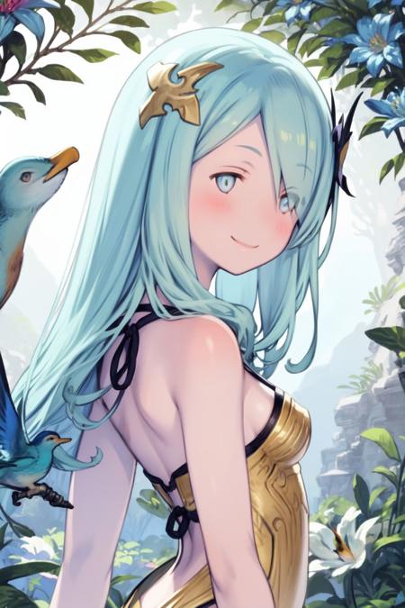 upper body, solo, 1girl, looking back, smile, blush, small breasts, aqua hair, hair over eyes, blue eyes, golden clothes, backlighting, False_Bird_of_Paradise \(flower\), floral background <lora:Yoshida_Akihiko_style_v01:1>