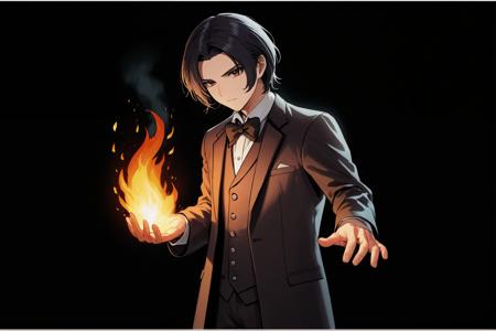 intricated detailed, 1boy, solo, magician, magic, night, standing, upper body, fire magic, fire, embarrassed, hand, hands, black eyes, black hair, suit