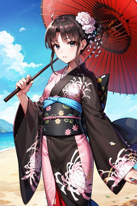 masterpiece, best quality, highres, aashiki, ahoge, hair flower, black eyes, multicolored clothes, black kimono, pink kimono, floral print, <lora:ryougi_shiki_v1:0.7>, outdoors, standing, cowboy shot, holding umbrella,