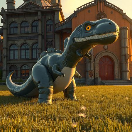 "A whimsical giant Dinowrestler Martial Anga dinosaur, with glossy gray-white vinyl textures and a glowing yellow eye, dominates a lush grassy field. Behind it looms the Orcustrated Babel—a retro-futuristic building with steampunk gears, arched windows, and a crimson door, blending Victorian architecture with sci-fi industrialism. Cinematic golden-hour lighting casts long shadows, highlighting the dinosaur’s playful, exaggerated proportions and the building’s rusted metal details. Hyper-realistic 3D render (Octane/Unreal Engine 5) with matte painting depth, Dutch angle composition, and volumetric fog. Color contrast: monochrome dinosaur against vibrant moss-green grass and the Babel’s burnt-orange walls. Subtle details: air vents on the inflatable seams, dandelions dotting the field, and sunlight glinting off the dinosaur’s eye. Stylized with Studio Ghibli whimsy and Simon Stålenhag’s surreal futurism. Trending on ArtStation, 8K HDR, golden ratio framing. Tags: surreal toy-like aesthetic, retro-mecha, playful scale contrast, hyperdetailed textures, cinematic vignette."
