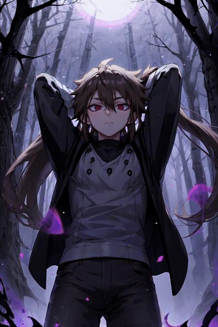 Indra, masterpiece, best quality, 1boy, brown hair, black shirt, black shorts, long ponytail, red eyes, short eyebrows, (purple aura:1.4, particles), forest, upper body, (night), fog, arms behind head, looking away <lora:Indra_Ôtsutsuki__Character_LoRA_Naruto:1>