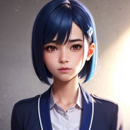 ultra realistic 8k cg, picture-perfect face, flawless, clean, masterpiece, professional artwork, 1girl, blue hair, short hair, ichigo, hairclip, uniform, <lora:qqq-ichigo-v1:0.7>