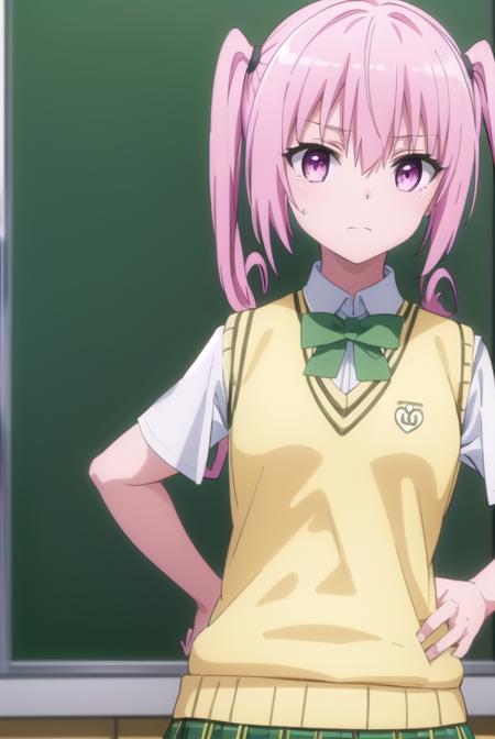 nanadeviluke, <lyco:nana deviluke darkness-lyco-nochekaiser:1>,
nana asta deviluke, fang, long hair, (pink eyes:1.5), pink hair, tail, twintails, (flat chest:1.2),
BREAK green skirt, plaid, plaid skirt, sainan high school uniform, school uniform, skirt, shirt, white shirt, sweater vest, (yellow sweater vest:1.5), short sleeves,
BREAK indoors, classroom,
BREAK looking at viewer, (cowboy shot:1.5),
BREAK <lyco:GoodHands-beta2:1>, (masterpiece:1.2), best quality, high resolution, unity 8k wallpaper, (illustration:0.8), (beautiful detailed eyes:1.6), extremely detailed face, perfect lighting, extremely detailed CG, (perfect hands, perfect anatomy),