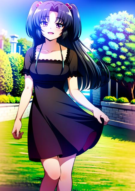 ((masterpiece)), ((best quality)), ((highres)), ((detailed background)), ((extremely detailed CG unity 8k wallpaper)), solo, garden, <lora:ichinose kotomi:0.9>, ichinose kotomi, black gown, smile, two side up, hair ornaments