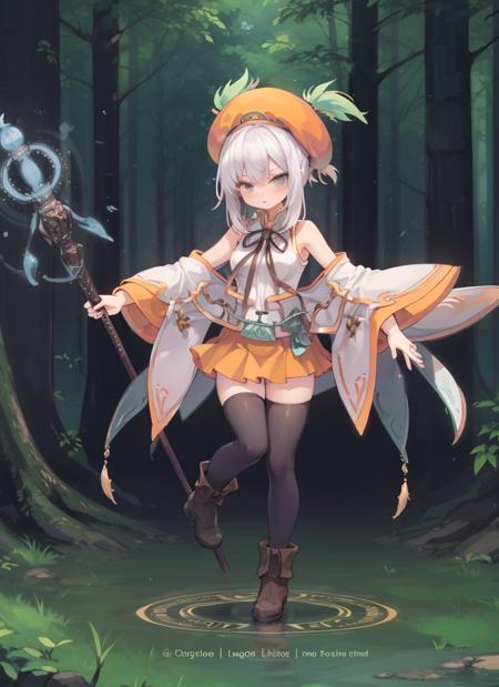 1girl, <lora:lucia:1>,orange skirt,boots,hat,thighhighs,(magic circle:1.3),stand,holding staff,full body,forest