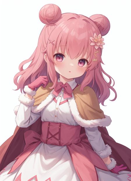 <lora:curcuma (fkg):1> curcuma \(pre-evolved\) \(flower knight girls\) masterpiece, best quality, portrait, 1girl, long hair, hair flower, pink gloves, frilled dress, long sleeves, white skirt, fur-trimmed capelet, hairclip, double bun,