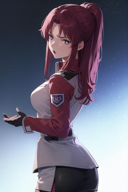 flay allster, long hair, (purple eyes:1.1), red hair, medium hair, (parted bangs:1.5), ponytail, skirt, gloves, jacket, white gloves, black skirt, uniform, military, military uniform, side slit, pencil skirt,