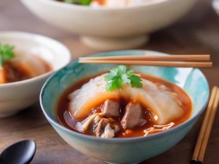 A bowl of translucent Bahuana, a traditional Asian dish, cut open to reveal a rich meat filling. The Bahuana is soft and chewy, and its skin is so transparent that the filling inside is clearly visible. It is generously topped with thick tomato sauce and viscous gravy, which add a vibrant color contrast and enhance the visual appeal. The bowl is placed on a rustic wooden table, with chopsticks resting on the side. The scene should be as realistic as a high-resolution photograph, with warm and inviting lighting that highlights the appetizing qualities of the dish and the cozy atmosphere of the setting,<lora:bahuana:0.75>,bahuana,