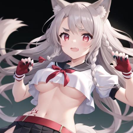 (masterpiece, best quality:1.2),illustration,8k,hd,1girl,upper body,(portrait:1.2),underboob,animal ears,medium breasts,solo,skirt,long hair,gloves,tail,braid,fingerless gloves,nail polish,multicolored nails,navel,pleated skirt,red belt,fang,crop top,smile,belt,black skirt,thick eyebrows,crop top overhang,side slit,wolf tail,side braid,slit pupils,serafuku,wolf ears,short sleeves,red gloves,grey hair,bangs,tattoo,red eyes,single braid,belt buckle,puffy sleeves,school uniform,buckle,very long hair,miniskirt,no bra,<lora:Yuudachi-V1:0.6>,