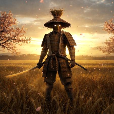 A high-fantasy cinematic portrait of the Hay Samurai — a mystical warrior made of enchanted straw and cloth, standing in a golden field at sunset. His body is woven from tightly bound hay and fabric wraps, and he wears weathered but noble samurai armor etched with glowing natural patterns. His hair is a topknot of straw, and his eyes glow faintly behind a hand-carved wooden mask. He holds a katana forged from golden wheat and sunlight. Cherry blossoms and dust swirl around him in the wind. The scene is peaceful but powerful — a lone warrior of the harvest. Ultra-detailed, warm lighting, earthy tones, fantasy realism, serene but noble energy.