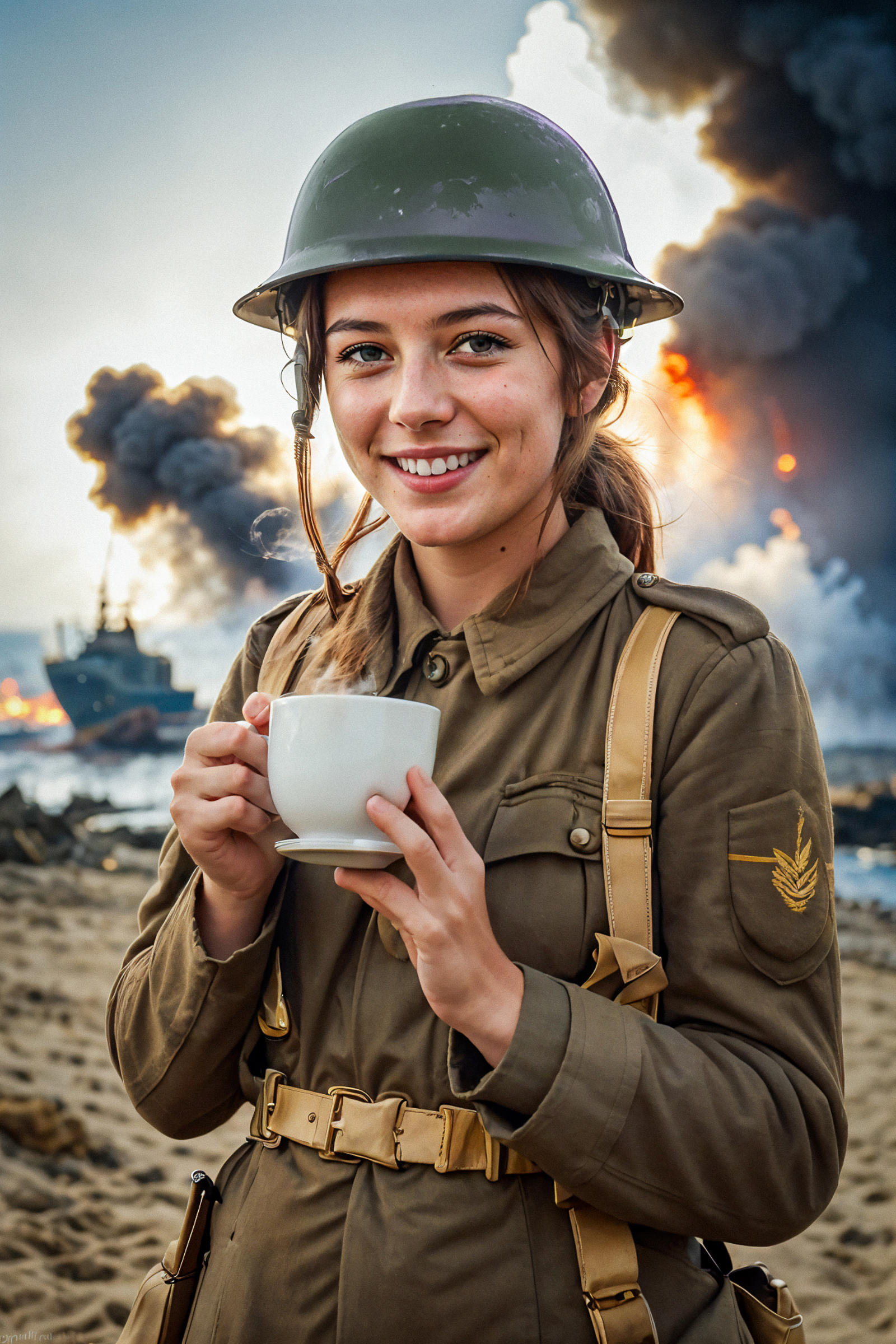 Woman in Military Uniform Holding a Coffee Cup
