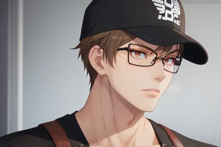 (1male:1.6),solo,male focus,25 year old,<lora:TakehisaHinawa:0.7>,(pale skin:1.3),glasses,[short hair],brown hair,brown eyes,handsome,hair in front of face,dramatic,Takehisa_Hinawa,looking at viewer,(best quality:1.4),[:intricate details:0.2],masterpiece,detailed background,semirealistic,(mood lighting:1.1),facing forward,black tshirt,brown suspenders,black baseball cap,