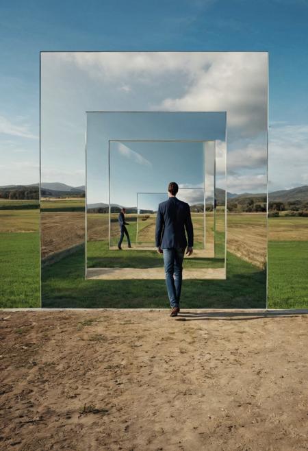 optical illusion - the illusion of mirrors digital art, 
composition:a square mirror was placed against a huge concrete fence, 
the reflection in the mirror shows a man walking across the field