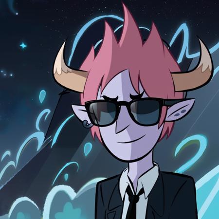 ethereal fantasy concept art of  Tomkas,  1boy, black_necktie, business_suit, collared_shirt, eyewear_on_head, formal, horns, jacket, necktie, pink_hair, shirt, solo, suit, sunglasses, white_shirt ,<lora:Tomkas:0.8> . magnificent, celestial, ethereal, painterly, epic, majestic, magical, fantasy art, cover art, dreamy