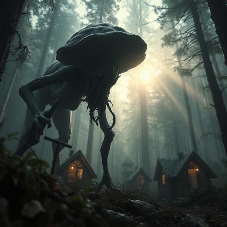 (masterpiece sci-fi dark gritty hyperrealisitic concept art 8k)  fungi animal creature zombie horror attacking a forest town, menacingly close up,   atmospheric lighting, dappled light forest