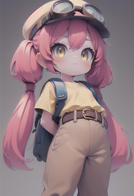 (masterpiece, best quality, hires, high resolution:1.1), ( intricate details, highres) , 1 girl ,yellow shirt, red hair, pigtails, long hair, yellow cap with goggles, brown pants  , arms , chibi , hat ,  bsjessie  , Belt  ,  <lora:last:0.8> , blue bagpack