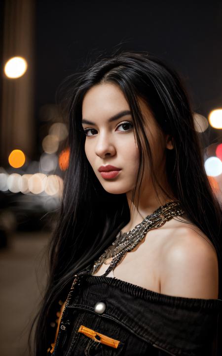 (full body portrait of a girl, 16 year old,  beautiful face), serious look, goth, natural straight ((black hair <lora:hair_length_slider_v1:1>)) BREAK wearing (detailed off shoulder black jeans dress with patches), <lora:skin_tone_slider_v1:-0.5>, <lora:S-shape body:0.25>, background is a city scene, bokeh lights, highly detailed, (night time, low lighting), Fujifilm XT-4
