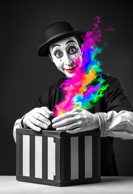 "Image of a mime, dressed in traditional black and white attire, opening a small mysterious box. The entire scene is rendered in black and white, with no hint of color anywhere. But as the mime lifts the lid of the box, a burst of vibrant, beautiful colors erupts from within. The colors are a riotous mix of pinks, blues, yellows, and greens, swirling and dancing in the air like a living thing. The mime's face is a picture of surprise and wonder, their eyes wide with amazement as they gaze at the colors that should not exist in this monochrome world. Style: surreal, dreamlike, and fantastical, with a focus on capturing the mime's shock and delight at the unexpected burst of color." Absurdres Highest-Quality, 4k