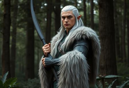 A **Chad male elf cosplaying as Legolas**, standing in a dense forest, surrounded by towering trees and lush foliage. He wears a black leather outfit with a green tunic and a flowing white fur cape. In his hands, he grips a bow and arrow, poised for action. His long white hair falls down his back, and he looks intently off to the side with a serious expression, embodying the character's intense focus. **8k, UHD, 4K, Exceptional Quality, More Detail, Lifelike Details, Super Detailed Face and Eyes and Clothes, Handcrafted with Precision, High Quality, Sharp Lines, Stunning Colors, Harmonious Colors, Multi Colored, Contemporary Aesthetics, Impeccable Composition, Creative Angle, Attractive Background, Balanced Editing, Intentional Focus, Well-timed Moment, Captivating Lighting, Octane Render, Unreal Engine 5, CGSociety, Artstation Trending on ArtstationHQ, Golden Ratio**.