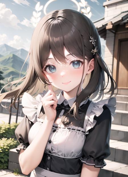 <lyco:airi1-000009:1.0>, airirnd, upper body, smile, blush, outdoors, day, simple background, blue sky, sky, temple, looking at viewer, stairs, mountain, moody lighting, facing viewer, maid, headdress, halo