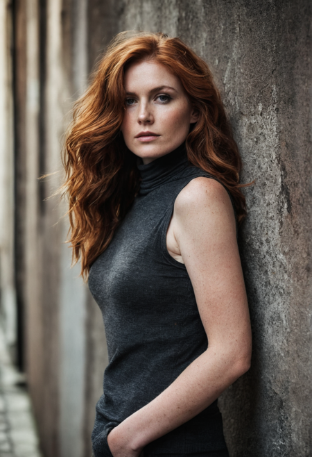 ((full body)), massive wavy auburn hair, (freckles:0.5), (melancholic),((daydreaming)), unkempt, (wide cheekbones), (round face), (professional magazine cover photo), (skin moles), (skin pores), (ecstasy), (arousement),(), (),(cinematic), bokeh, curvy 40 years old sturdy semetic woman, leaning old dirty cracked concrete wall in narrow alley, dark primed wall, strong eyebrows, wide cheekbones, big black eyes, sleeveless cozy body tight turtleneck pullover, open lips