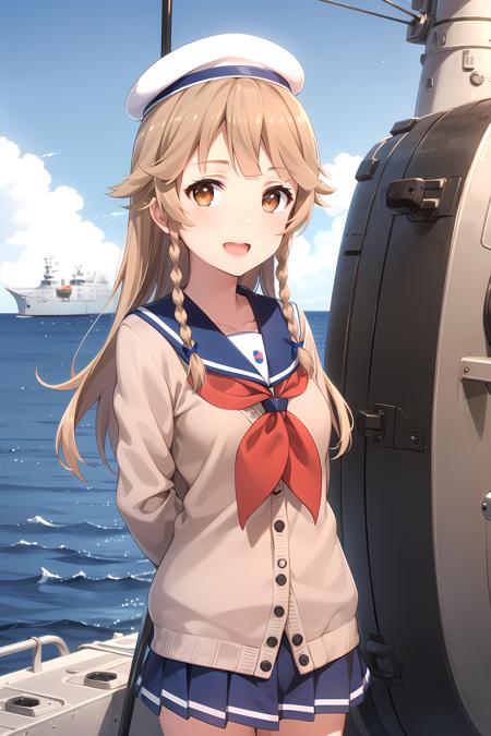 NosaKouko brown hair, brown eyes, long hair, twin braids serafuku, cardigan, sailor collar, blue skirt, red neckerchief, sailor hat