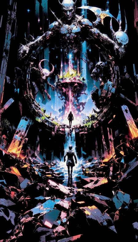 score_9, score_8_up, score_7_up, score_6_up, 8k, hd, master piece. A dimensional magic portal, set vertically, to a magical fairy land. On the front a very dark and full of demons scenario. Very wide shot. There's a person running to the portal as escaping from something. Mystic, abstract, fantasy  embedding:badhandv4.pt   embedding:easynegative.safetensors  bo-exposure,  in the style of cksc, nistyle, DGLO style.