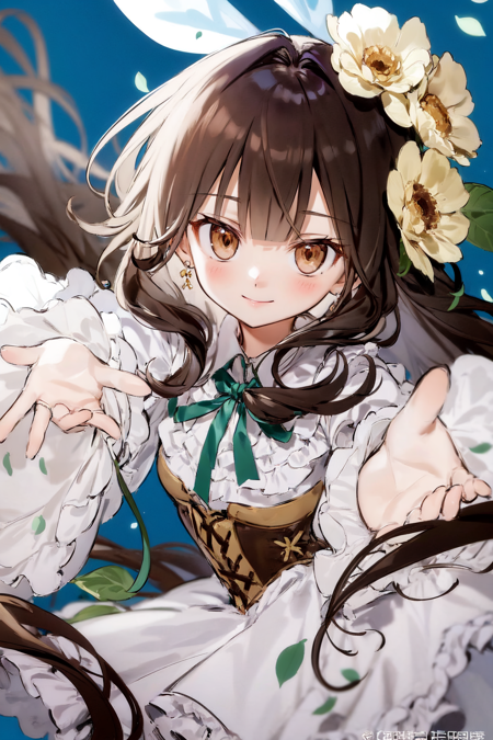 best quality, masterpiece, extremely detailed, detailed background, best quality, masterpiece, extremely detailed, detailed background, 1girl, flower, dress, long hair, solo, white flower, brown hair, hair flower, very long hair, white dress, brown eyes, hair ornament, long sleeves, frills, ribbon, looking at viewer, frilled dress, smile, white footwear, braid, petals, green ribbon, bangs, blue background, puffy long sleeves, high heels, absurdly long hair, weibo logo, blush, close up