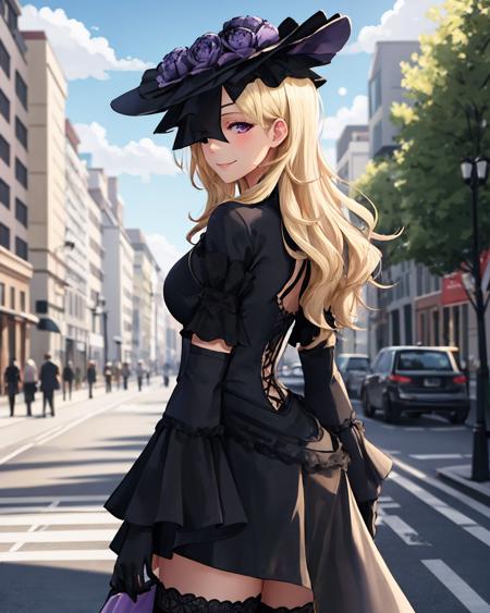 best quality, (masterpiece:1.2), illustration, absurdres,
(1girl), (solo), (beautiful detailed girl), from behind,,
<lora:Lucrezia-08:0.8>, Lucrezia Isselee, blond hair, long hair, 
black and purple dress, gothic dress, black hat, gothic hat, veil, black lace, black thighhighs, purple high heels,
park, city, tall buildings, street, tree, sky, clouds, day,,
(looking at viewer, smile),