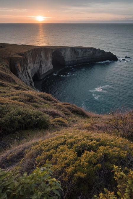 raw photo, a sunset landscape, Valdivian temperate forests coast, Chilean coast,  cliffs, cozy, photorealistic, high detailed texture, 8k uhd, dslr, soft lighting, high quality, film grain, Fujifilm XT3, Sony A7 IV, highly detailed photography, (muted colors, cinematic, dim colors, soothing tones:1.2), vibrant, insanely detailed, hyperdetailed, (dark shot:1.2), (vsco:0.3), (intricate details:0.9), (hdr, hyperdetailed:1.2) (highest coherency: 1.39) (highest quality: 1.39) (rule of Thirds) (award winning) (breathtaking) (masterclass)